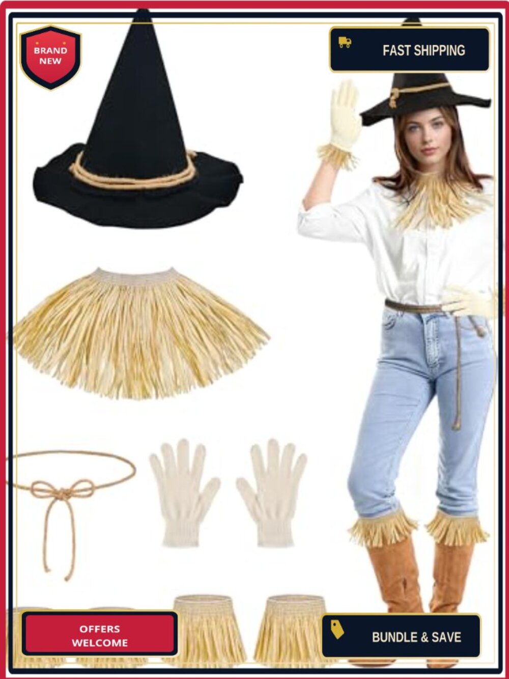 9 PCS Scarecrow Costume Set One Size Fits Most Adjustable Straw Accessory Kit